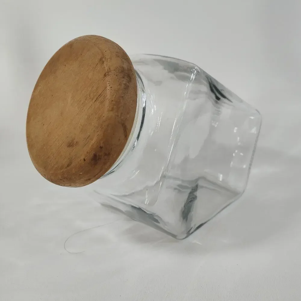 VINTAGE TILTED GLASS CANISTER/COOKIE JAR w/SOLID WOOD‎ Lid
